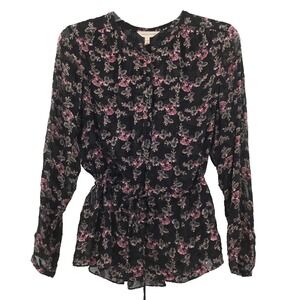 Rebecca Taylor Floral Silk Blend Blouse Womens 4 Black Drawstring Waist